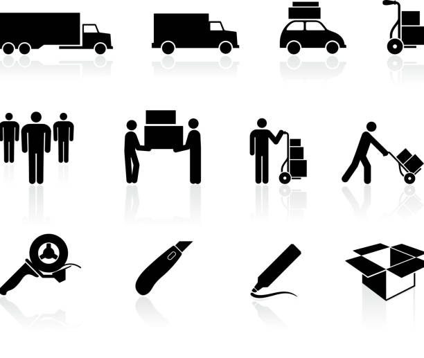 moving movers schwarz und weiß lizenzfreie vektor icon-set - truck moving van moving house box stock-grafiken, -clipart, -cartoons und -symbole