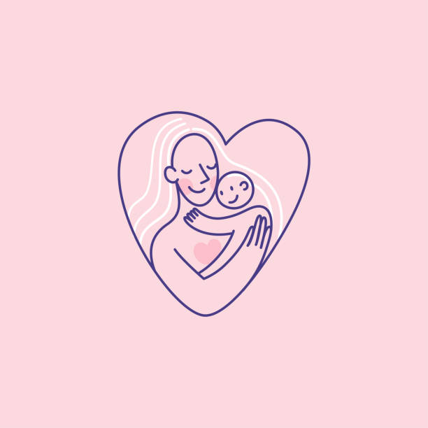 간단한 라인 스타일의 벡터 로고 디자인 템플릿 및 엠블럼 - 행복한 어머니와 아이 - baby1 stock illustrations