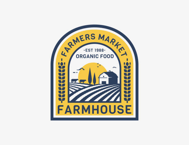 Farm House badge isolated on white background. Retro emblem with farmhouse, cows and fields for natural farm products, organic food, farmers market. Vector label.
