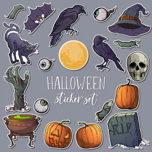 Vector illustration of Hallooween spooky sticker set. 21 original elements isolated on white background.