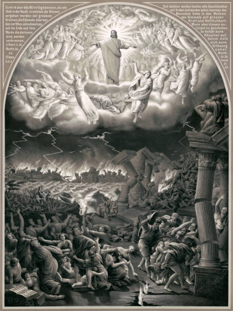 Day of Judgement A vintage Biblical illustration featuring a depiction of the Day of Judgment where all will stand to be judged for their actions on Earth by God at the Second Coming of Jesus Christ. heaven illustrations stock illustrations