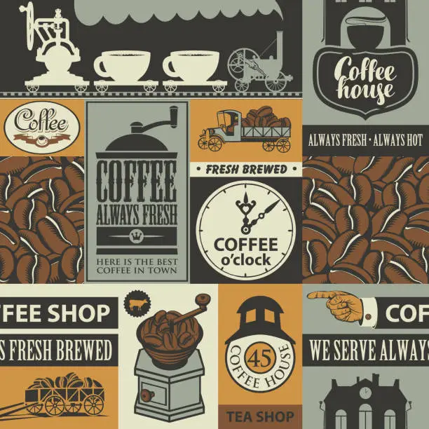 Vector illustration of seamless pattern on the theme of coffee houses