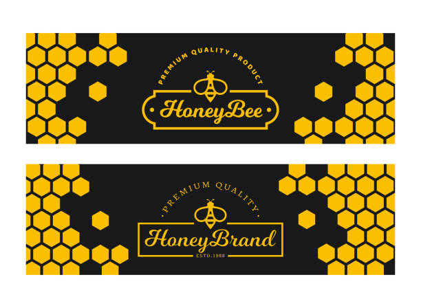 Banners with bee emblems for honey products. Vector templates. Banners with honeycomb and bee emblems for natural honey products. Vector templates. Set of horizontal black and yellow labels isolated on a white background. bumblebee white background stock illustrations