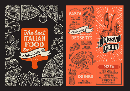 Pizza menu template for restaurant on a blackboard background vector illustration brochure for food and drink cafe. Design layout with vintage lettering and doodle hand-drawn graphic.