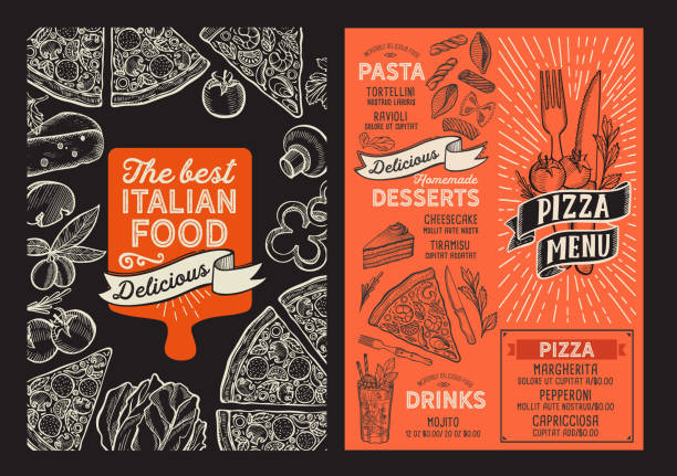 Pizza menu food template for restaurant with doodle hand-drawn graphic. Pizza menu template for restaurant on a blackboard background vector illustration brochure for food and drink cafe. Design layout with vintage lettering and doodle hand-drawn graphic. pics for pizza pizza logo stock illustrations