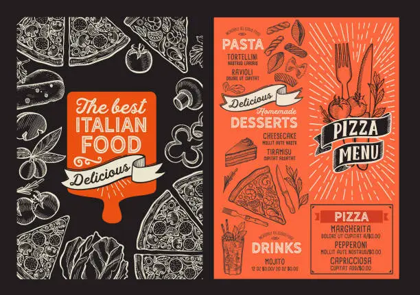 Vector illustration of Pizza menu food template for restaurant with doodle hand-drawn graphic.