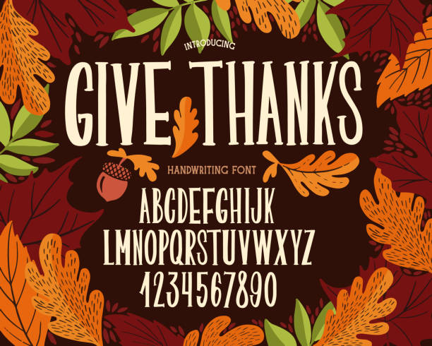 ilustrações de stock, clip art, desenhos animados e ícones de font thanksgiving day. typography alphabet with colorful autumn illustrations. - 5908