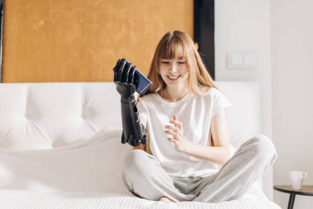 pleasant girl having fun with smartphone