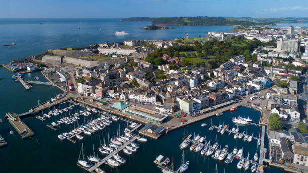 scenic view of boat harbour from aerial perspective - plymouth england imagens e fotografias de stock