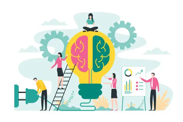 Vector illustration of Brainstorming creative idea, business meeting and teamwork concept with big light bulb and brain illustration