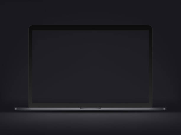 Modern premium laptop vector mockup on dark background. Transparent screen for a content Vector illustration black notebook stock illustrations