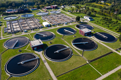 Aerial view of a water purification station viewed from above.