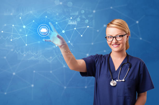 istock Person touching virtual hospital concept 1176978488