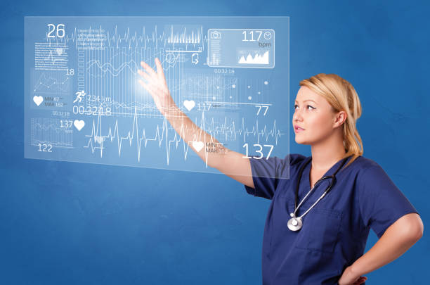 istock Person touching light blue hologram screen 1176978700