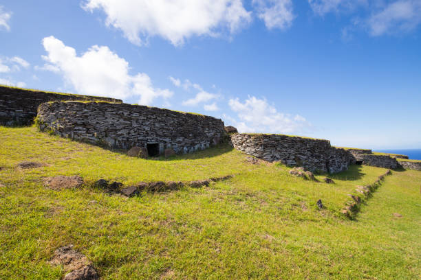 The village of Orongo, a stone village and ceremonial center on the rocky ridge of the Rano Kau crater on Easter Island. Easter Island, Chile stock photo