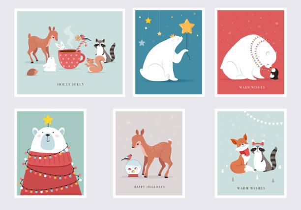 Winter forest animals, Merry Christmas greeting cards, posters with cute bear, birds, bunny, deer, mouse and penguin. Hand drawn vector illustrations Winter forest animals, Merry Christmas greeting cards, posters with cute bear, birds, bunny, deer, mouse and penguin. Hand drawn vector illustrations ethereal illustrations stock illustrations