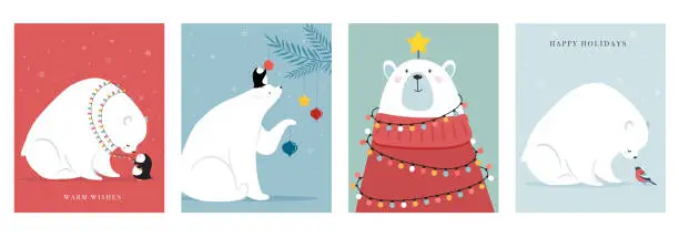 Vector illustration of Winter forest animals, Merry Christmas greeting cards, posters with cute bear, birds, bunny, deer, mouse and penguin. Hand drawn vector illustrations