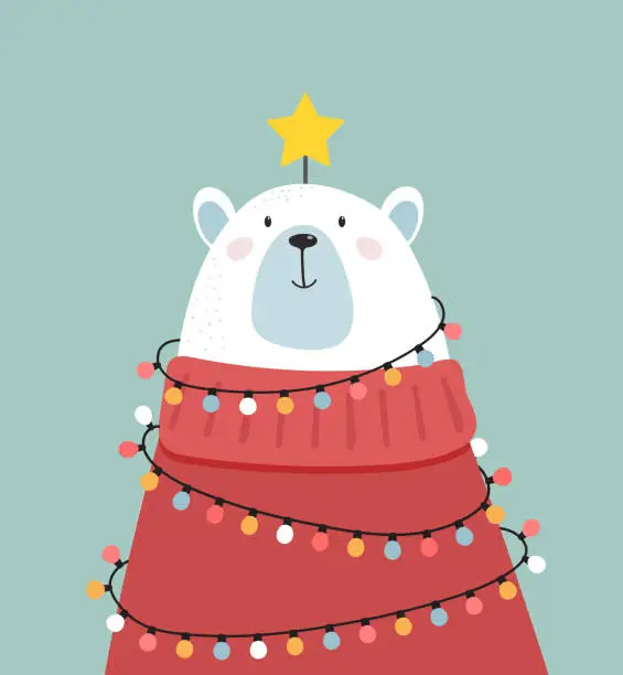 Vector illustration of Merry Christmas greeting card, banner. White polar bear looking like a xmas tree, vector cartoon illustration
