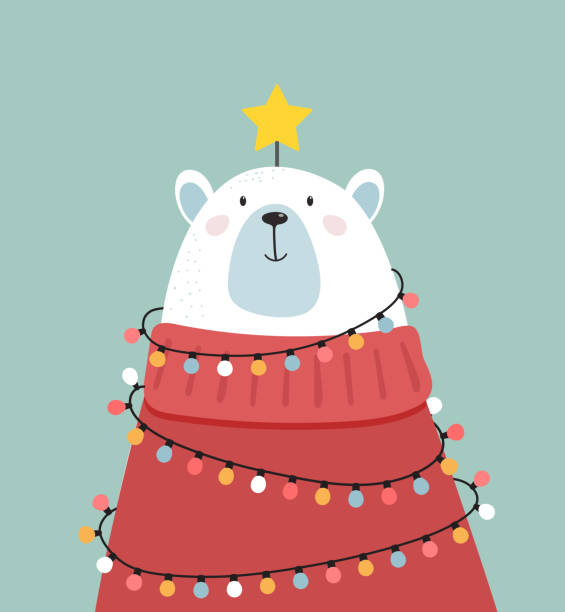 聖誕快樂賀卡，橫幅。白色  北極熊看起來像一棵聖誕樹，向量卡通插圖 - 燈串 插圖 幅插畫檔、美工圖案、卡通及圖標