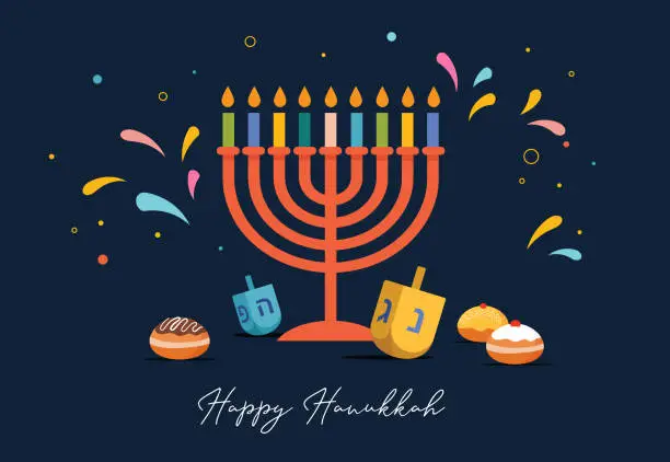 Vector illustration of Happy Hanukkah, Jewish Festival of Lights background for greeting card, invitation, banner with Jewish symbols as dreidel toys, doughnuts, menorah candle holder. Vector illustration