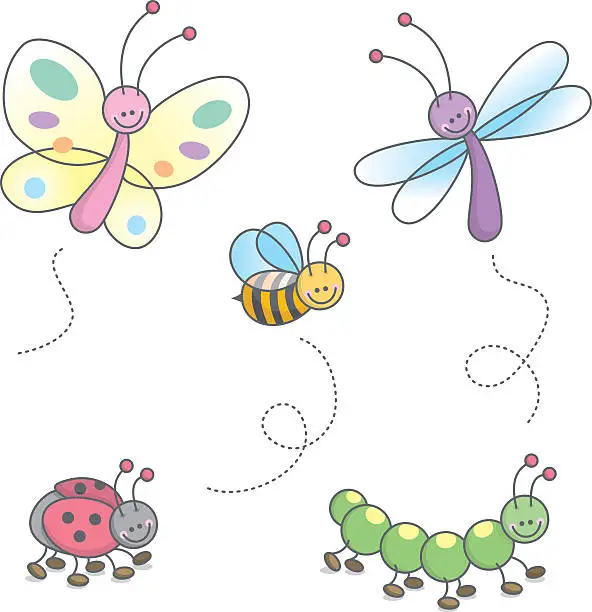 Vector illustration of Illustration of five kinds of bugs cheerfully colored