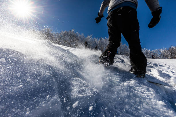 istock Back view of unrecognizable male snowboarder on a ski slope. 1176995369