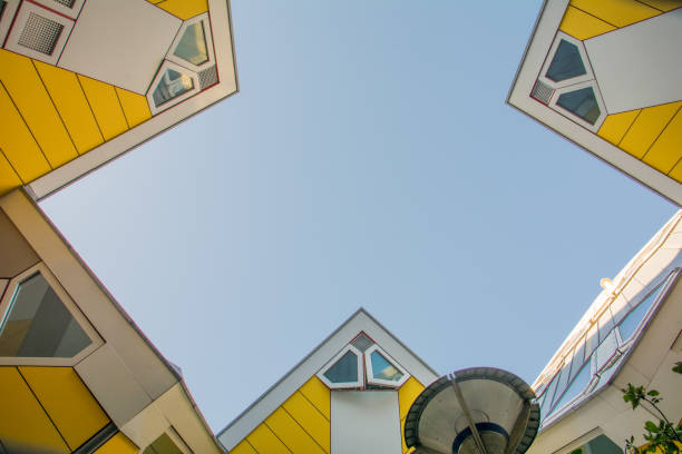 Rotterdam, Netherlands, September 2019: Low angle view of the Cube houses, architecture both designed by architect Piet Blom