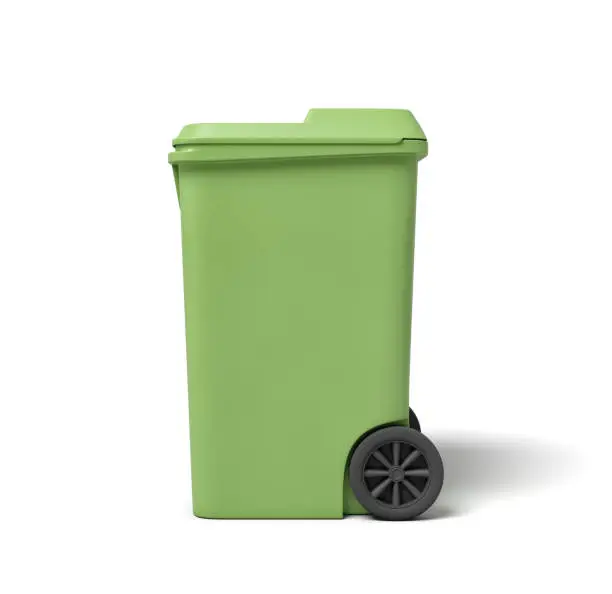3d rendering of a light-green trash can isolated on white background. Pick up trash. Keep urban areas clean. Recycle waste.