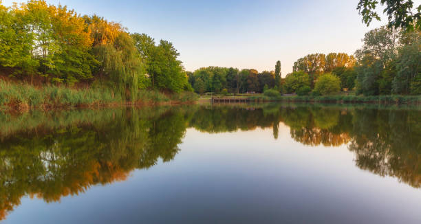 istock Resting people on the shore of a beautiful pond. 1176999310