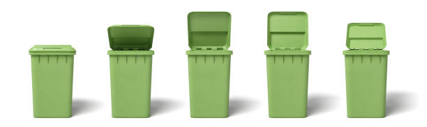 istock 3d rendering of several light-green dumpsters in a row on white background. 1177001087