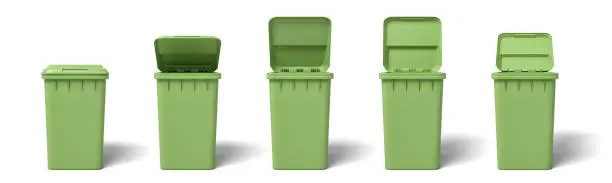 3d rendering of several light-green dumpsters in a row on white background. Trash pickup. Garbage removal. Clean cities.
