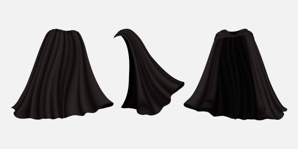 Realistic black cloak set, vector isolated illustration Black silk cape, cloak, mantle, front back and side view, vector illustration isolated on white background. Realistic carnival, masquerade clothes, Halloween party costume etc. cape garment stock illustrations