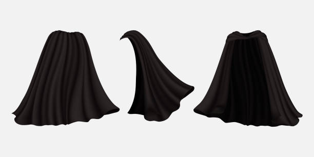 Realistic black cloak set, vector isolated illustration Black silk cape, cloak, mantle, front back and side view, vector illustration isolated on white background. Realistic carnival, masquerade clothes, Halloween party costume etc. count dracula stock illustrations