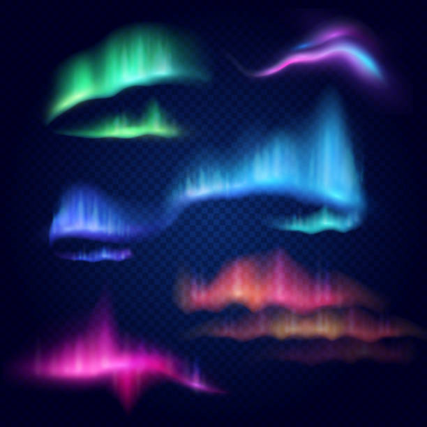 Northern lights, aurora borealis, vector isolated illustration Realistic 3d northern lights, aurora borealis, vector illustration isolated on transparent background. Amazing polar lights on night dark sky, natural phenomena. aurora polaris stock illustrations