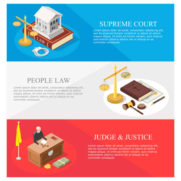 Law and justice isometric vector banner template set Law vector concept banner template set. Supreme court, law and justice, law people web banners with isometric courthouse, judge, legal trial and juridical symbols. interview event drawings stock illustrations