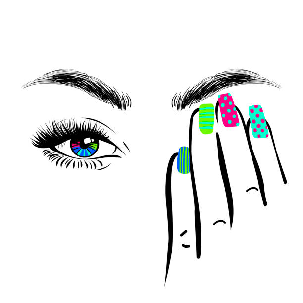 illustrazioni stock, clip art, cartoni animati e icone di tendenza di mano donna con unghie manicure colorate che chiudono un occhio, mascara ciglia, sopracciglia dalla forma perfetta, salone di bellezza logo, stile disegnato a mano, illustrazione vettoriale. - nail salon fingernail manicure design