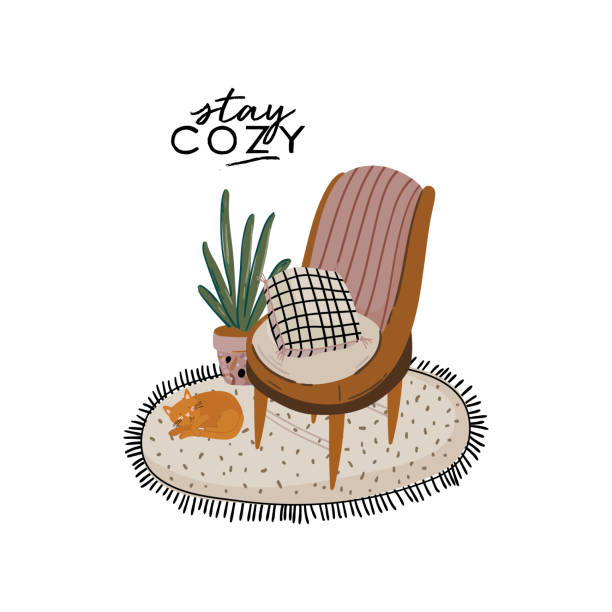 세련된 scandic 거실 인테리어 - 소파, 안락 의자, 커피 테이블, 냄비, 램프, 가정 장식식물 - scandic stock illustrations