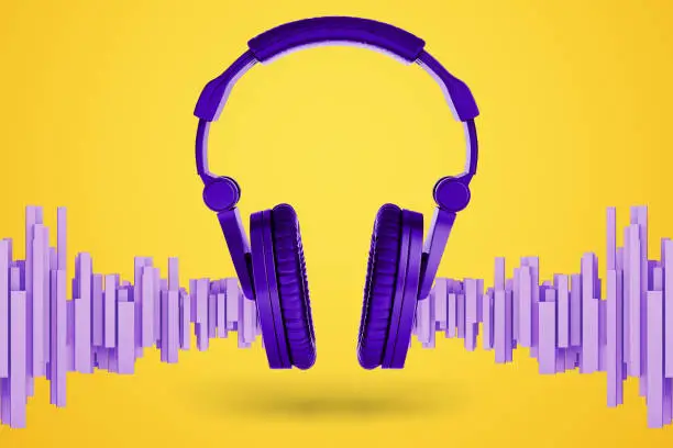 3d rendering of bright violet music headphones with soundwave-shaped blocks standing near them on a yellow background. Life and music. Sound as breathing. Modern music.