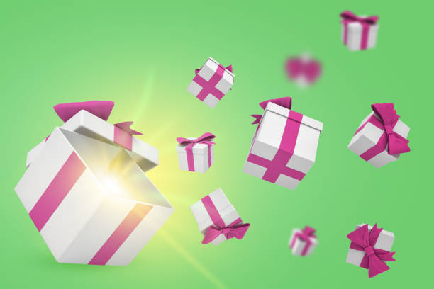 istock 3d rendering of many white gift boxes with purple ribbons falling down on a green background. 1177007169