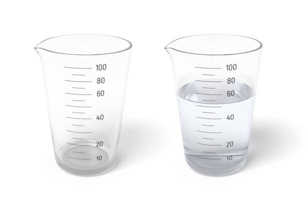 3d rendering of two measuring cups one half filled with transparent liquid isolated on white background