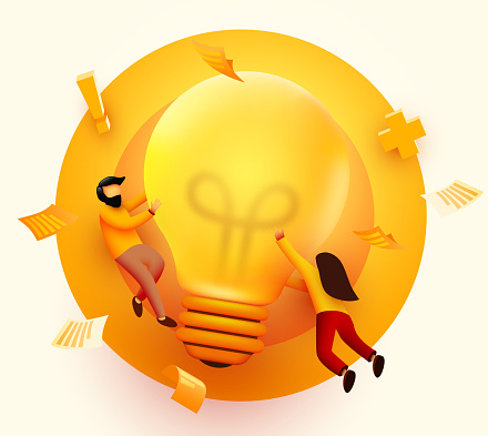 3d Business People with Big Light Bulb Idea. Innovation, Brainstorming, Creativity Concept. Characters Working Together on new Project. Vector illustration