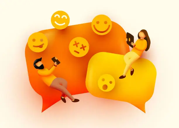 Vector illustration of Small people flying around chat bubbles and emoji signs. Talking couple. Online messenger concept.