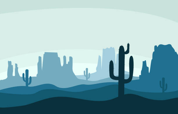 Desert sand landscape with mountains and cactus silhouette on the wild west texas blue color in flat cartoon style vector