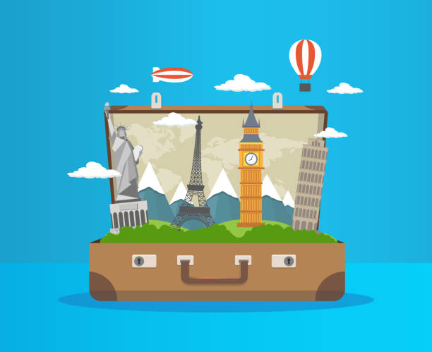 istock Open brown suitcase travelling concept eiffel tower and big ben and statue of liberty and Tower of Pisa discover the world 1177009023