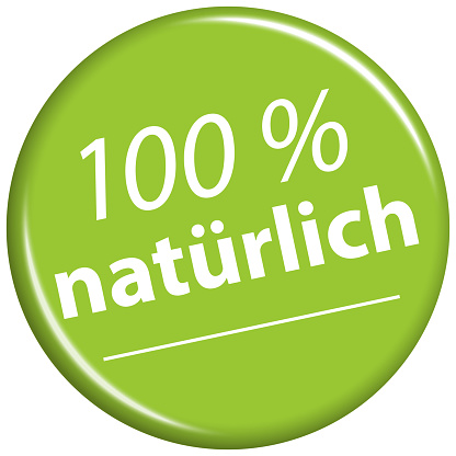 EPS 10 vector with round green colored magnet with text 100% natural (in german)