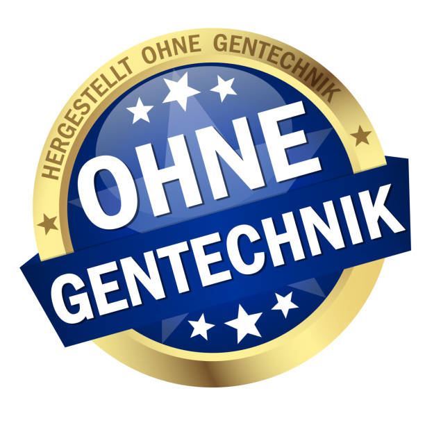 Button with Banner without genetic engineering (in german) EPS 10 vector with round colored button with banner and text without genetic engineering (in german) persistent organic pollutants stock illustrations