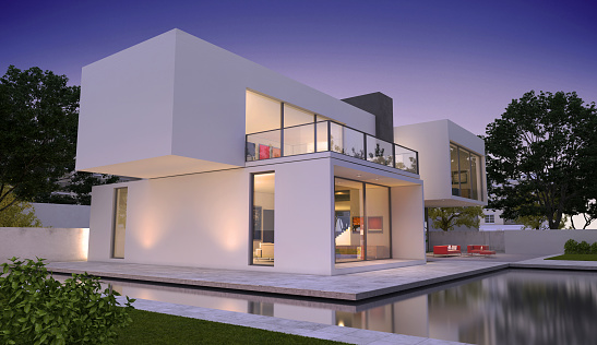 3D rendering of a modern luxurious house with pool