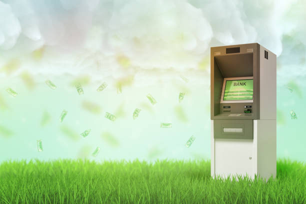 3d rendering of ATM machine on green grass background with dollars in the air. Banking and finance. Business success. Management and income.
