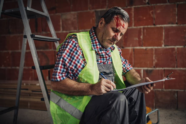 建設労働者の身体的傷害、保険金請求 - falling ladder physical injury accident ストックフォトと画像