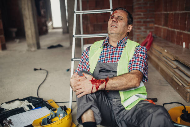 職場での身体的傷害 - falling ladder physical injury accident ストックフォトと画像